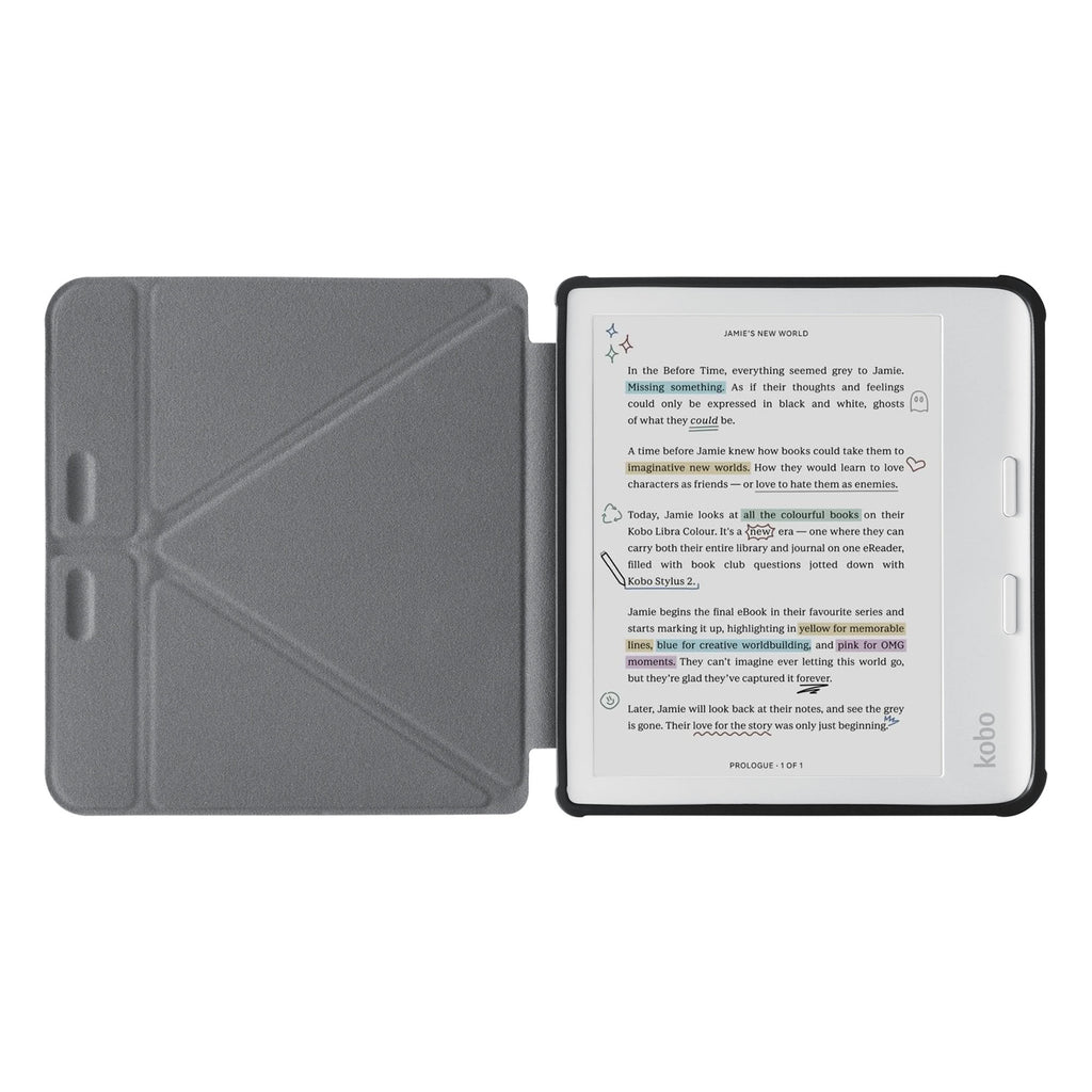 movie and keyboard stand view of personalized KOBO case and Watercolor View design