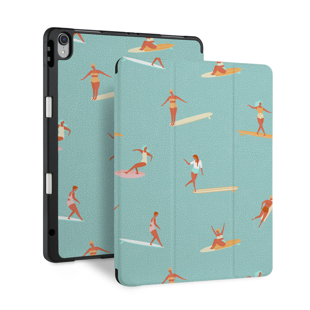 front back and stand view of personalized iPad case with pencil holder and Summer design - swap