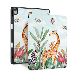 front and back view of personalized iPad case with pencil holder and Rainforest Animals design