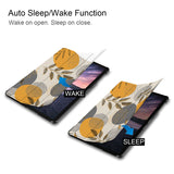 It automatically wakes your iPad when opened and sends it to sleep when closed with Leaves design