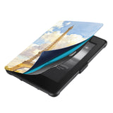 Magnetic attachment ensures cover is securely closed kindle case with France Famous Attractions design