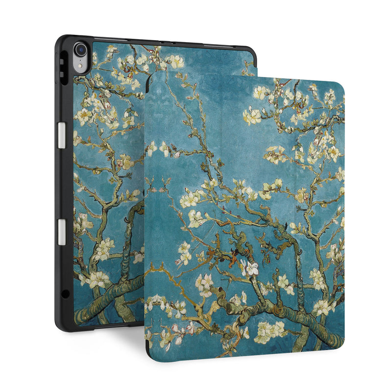 front back and stand view of personalized iPad case with pencil holder and Oil Painting design - swap